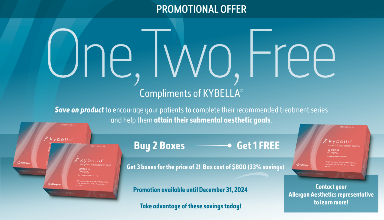 Promotional offer. One, two, free. Welcome kit. Compliments of KYBELLA®.