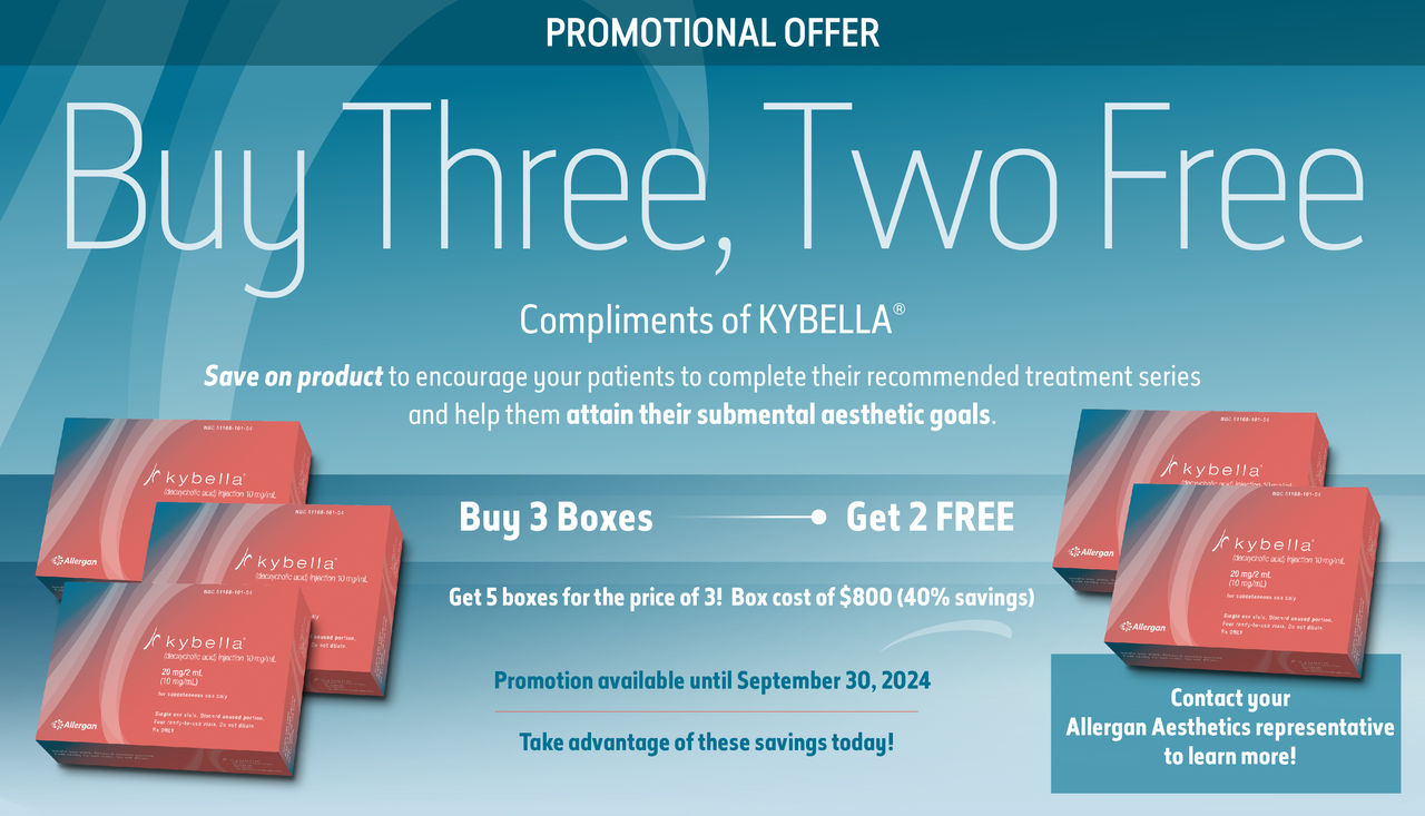 Promotional offer. One, two, free. Welcome kit. Compliments of KYBELLA®.