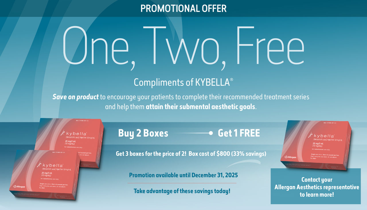 Promotional offer. One, two, free. Welcome kit. Compliments of KYBELLA®.